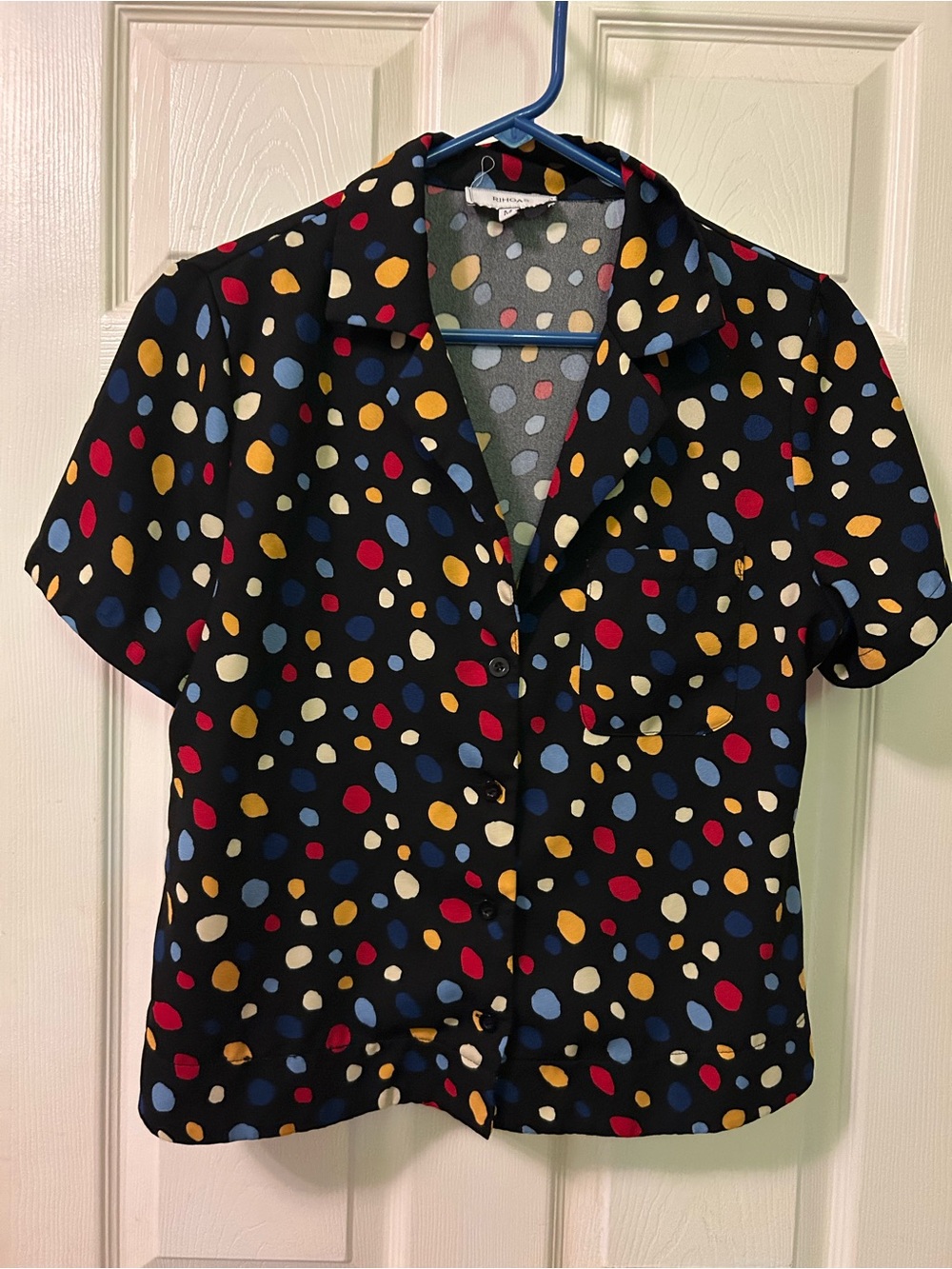 RIHOAS Black Button-Down Short Sleeve Top with Multicolor Polka Dots